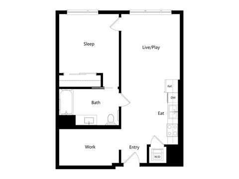 A floor plan of a small apartment with a sleeping area, a work area, a bathroom, a live/play area, and an entry way.